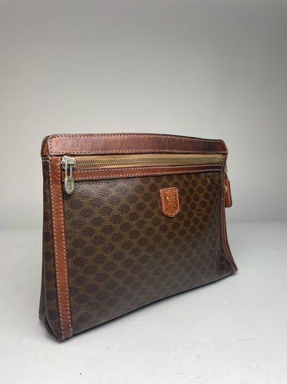 Vintage Celine Paris Triomphe Monogram Leather Clutch Brown