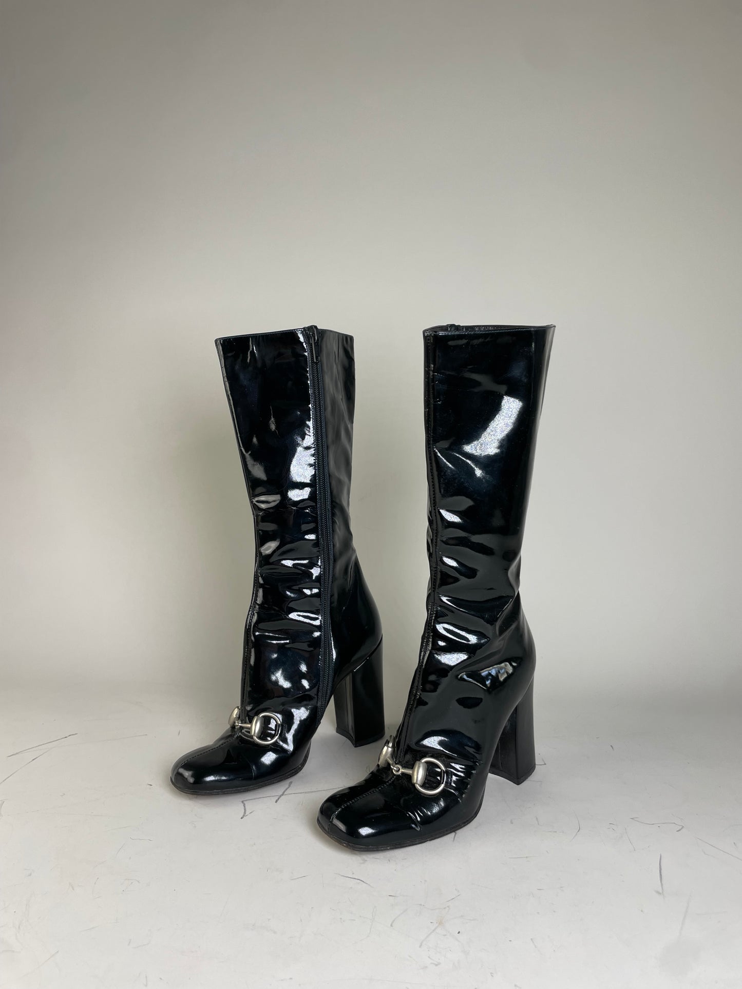 Vintage Gucci Patent Knee-High Boots Black Silver EU5