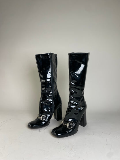 Vintage Gucci Patent Knee-High Boots Black Silver EU5