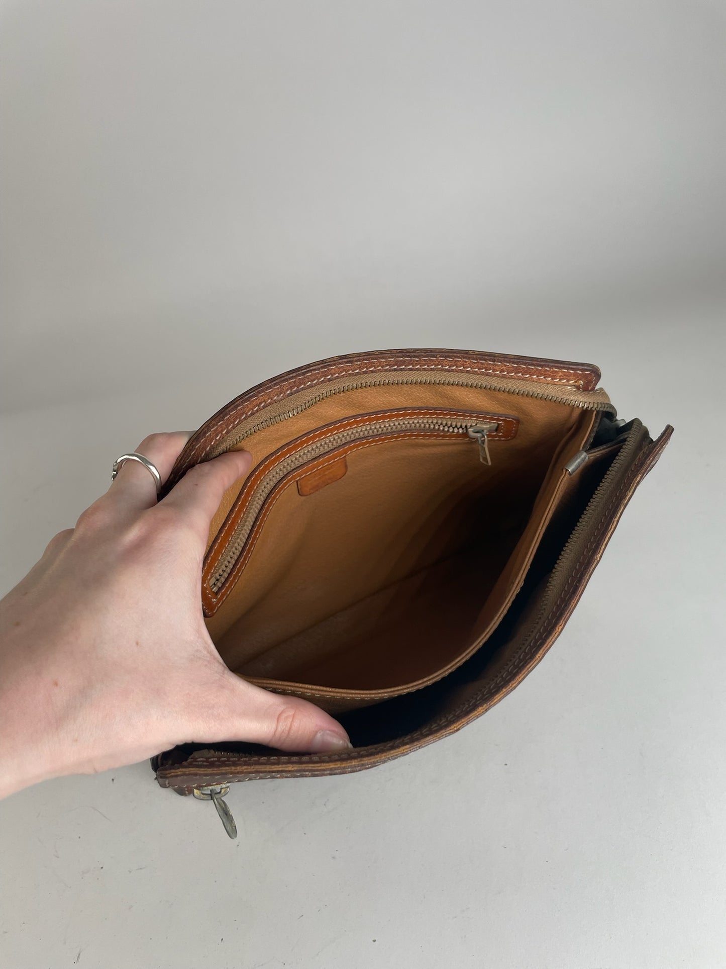 Vintage Celine Paris Triomphe Monogram Leather Clutch Brown