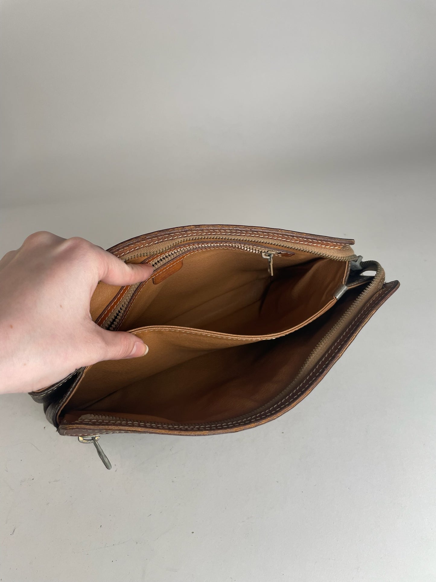 Vintage Celine Paris Triomphe Monogram Leather Clutch Brown