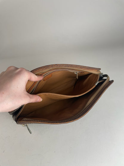 Vintage Celine Paris Triomphe Monogram Leather Clutch Brown