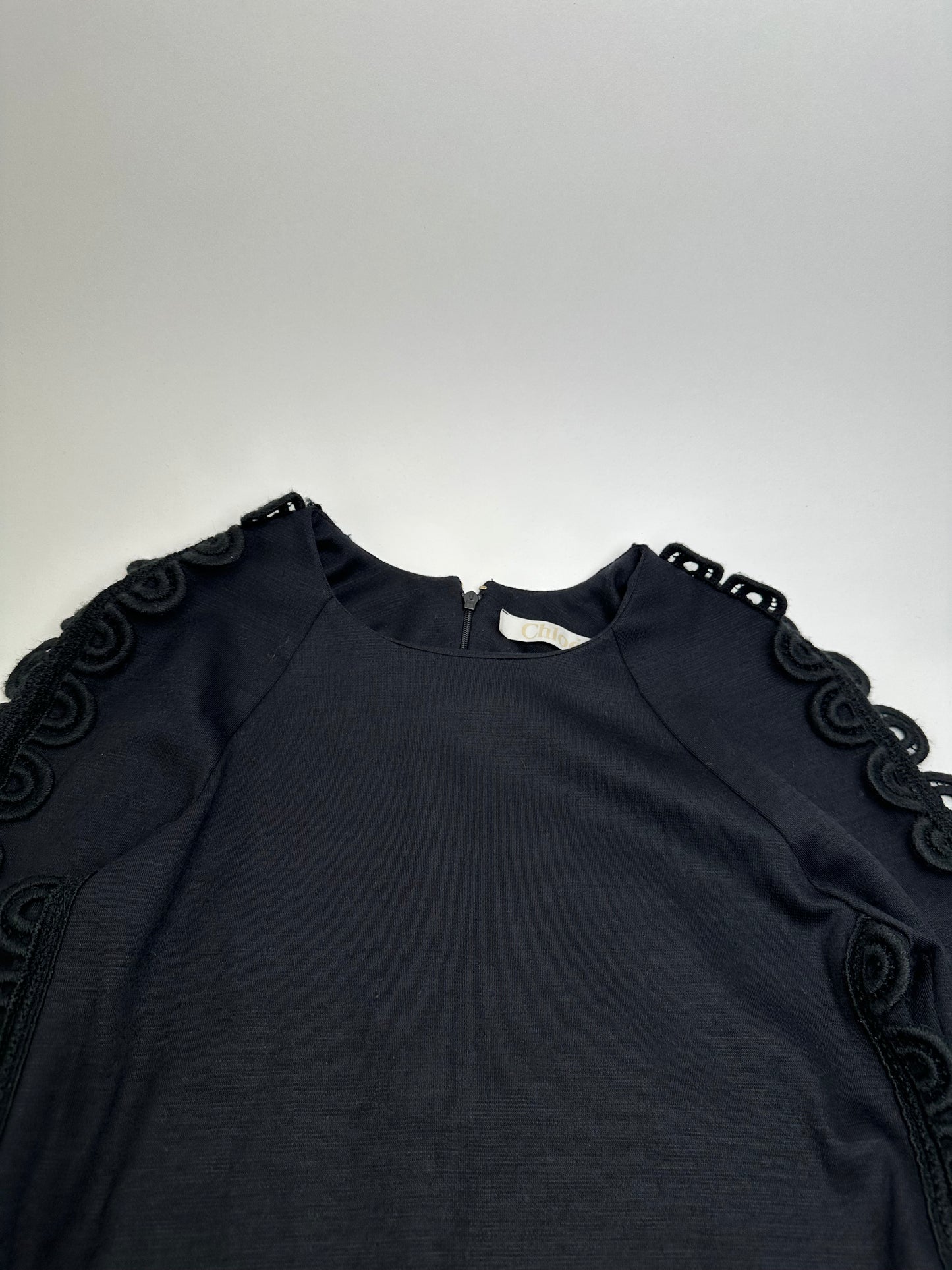 Vintage Chloé Cotton Knit Dress with Lace Trim Black XS