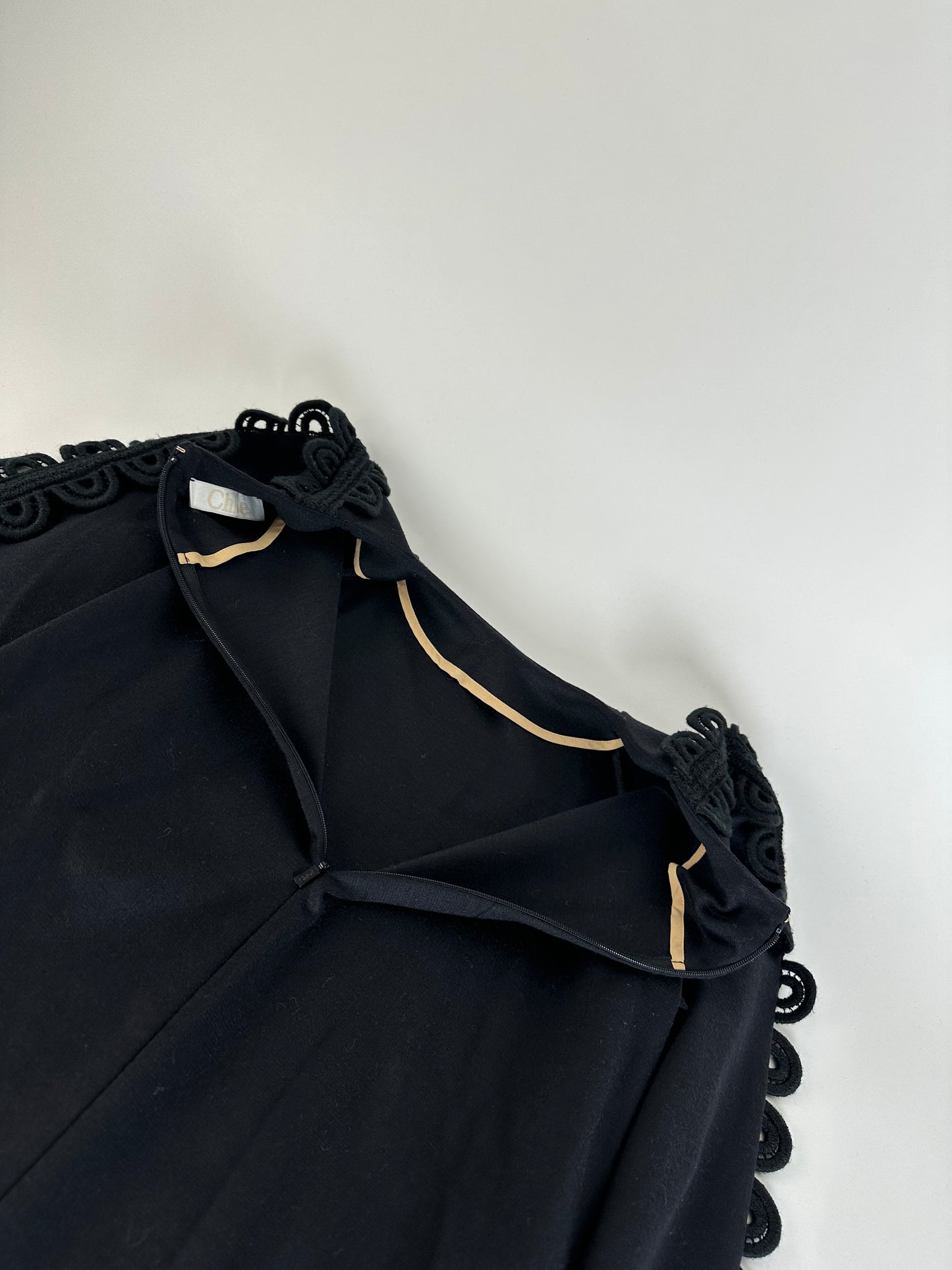 Vintage Chloé Cotton Knit Dress with Lace Trim Black XS