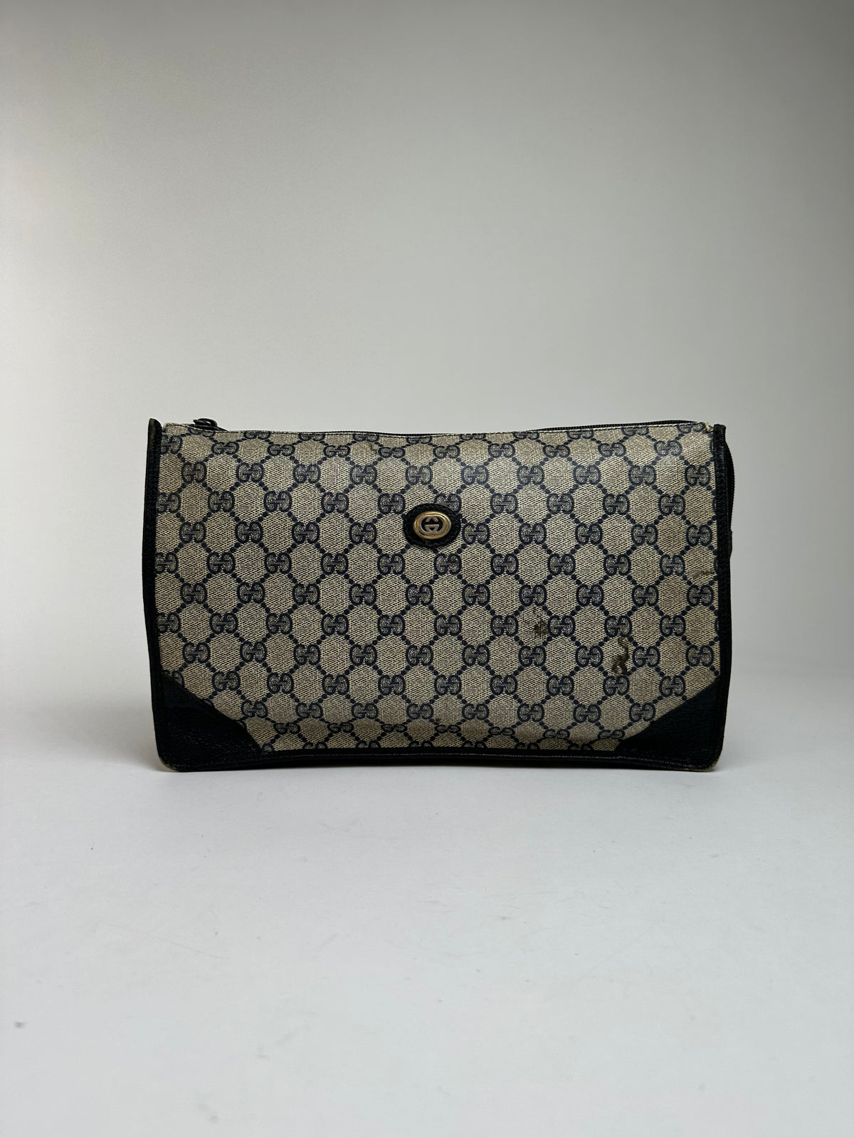 Vintage Gucci GG Plus Flap Clutch Bag c. Late 1970s Beige Navy