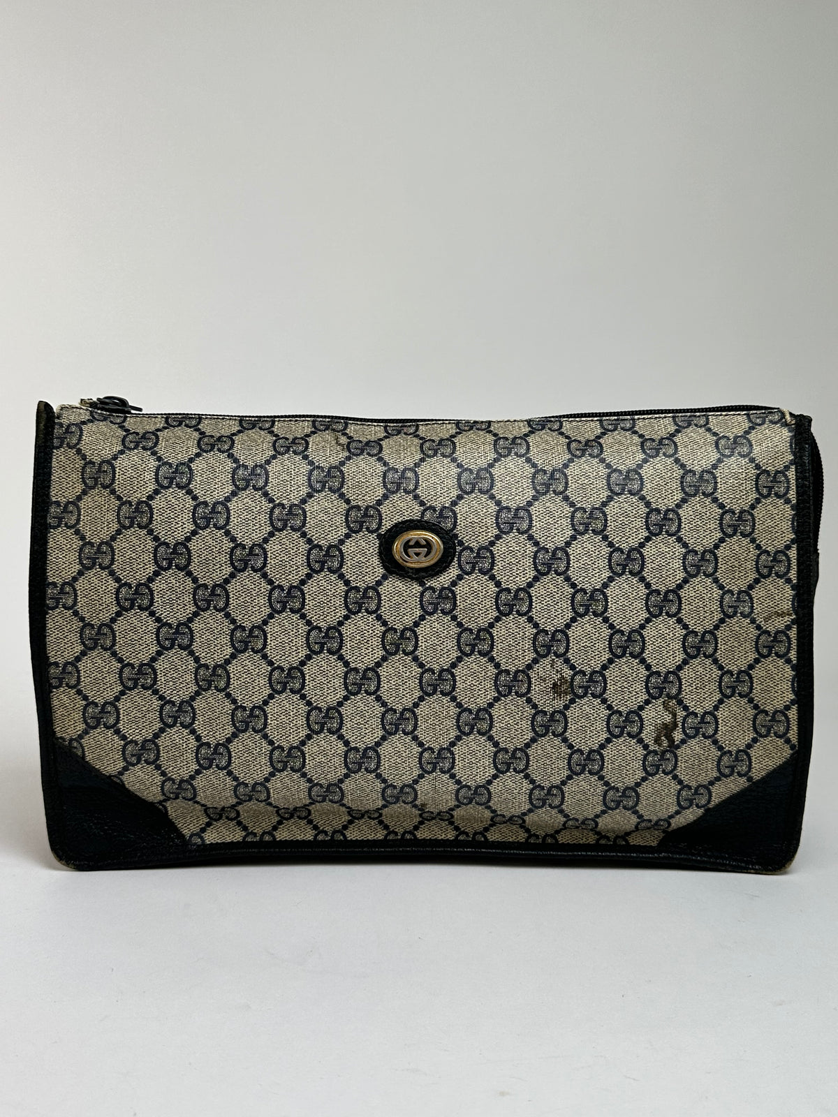 Vintage Gucci GG Plus Flap Clutch Bag c. Late 1970s Beige Navy