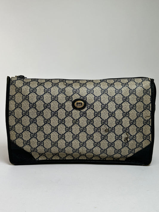 Vintage Gucci GG Plus Flap Clutch Bag c. Late 1970s Beige Navy
