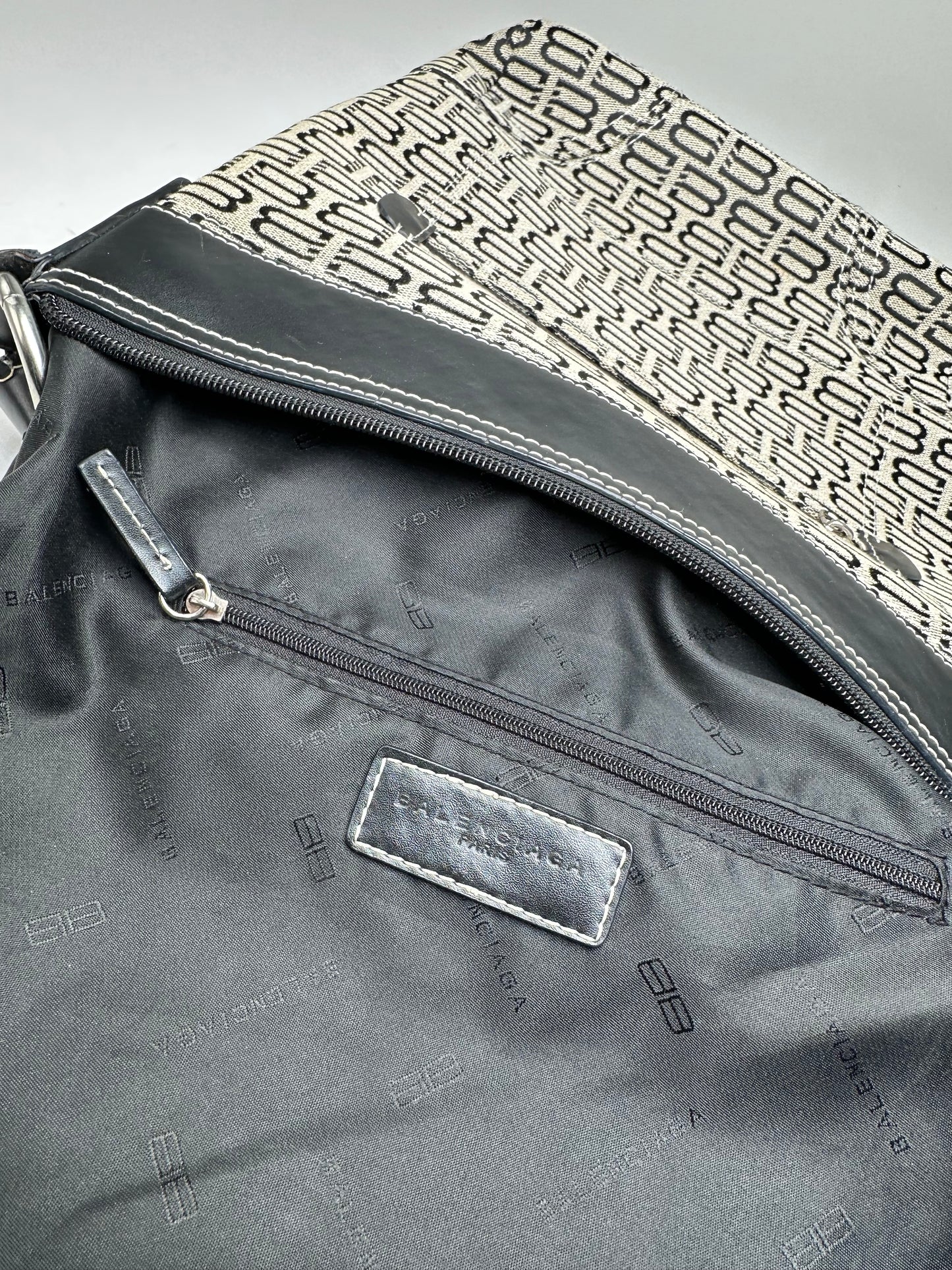 Vintage Balenciaga BB Monogram Canvas Leather Crossbody Bag Beige Black
