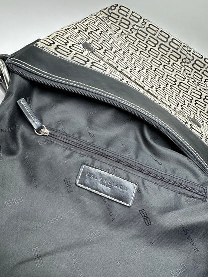 Vintage Balenciaga BB Monogram Canvas Leather Crossbody Bag Beige Black