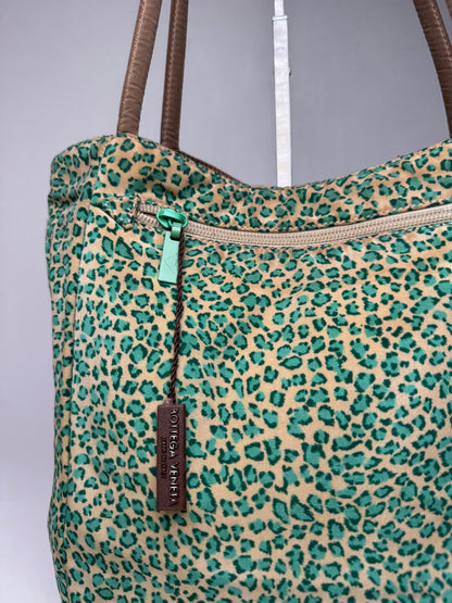 Vintage Bottega Veneta Reversible Canvas Polyester Shopper Brown / Leopard Green beige