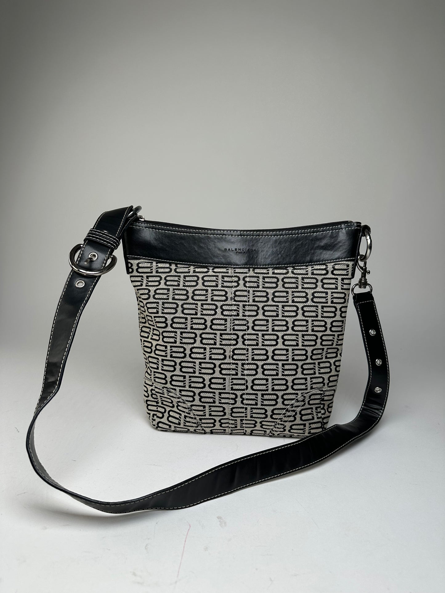 Vintage Balenciaga BB Monogram Canvas Leather Crossbody Bag Beige Black