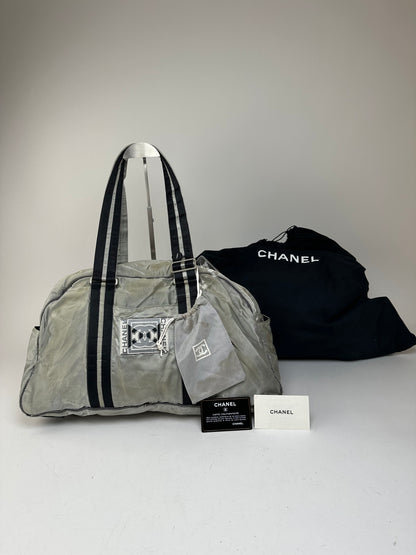 Vintage Chanel Polyester Duffel Bag Silver Black
