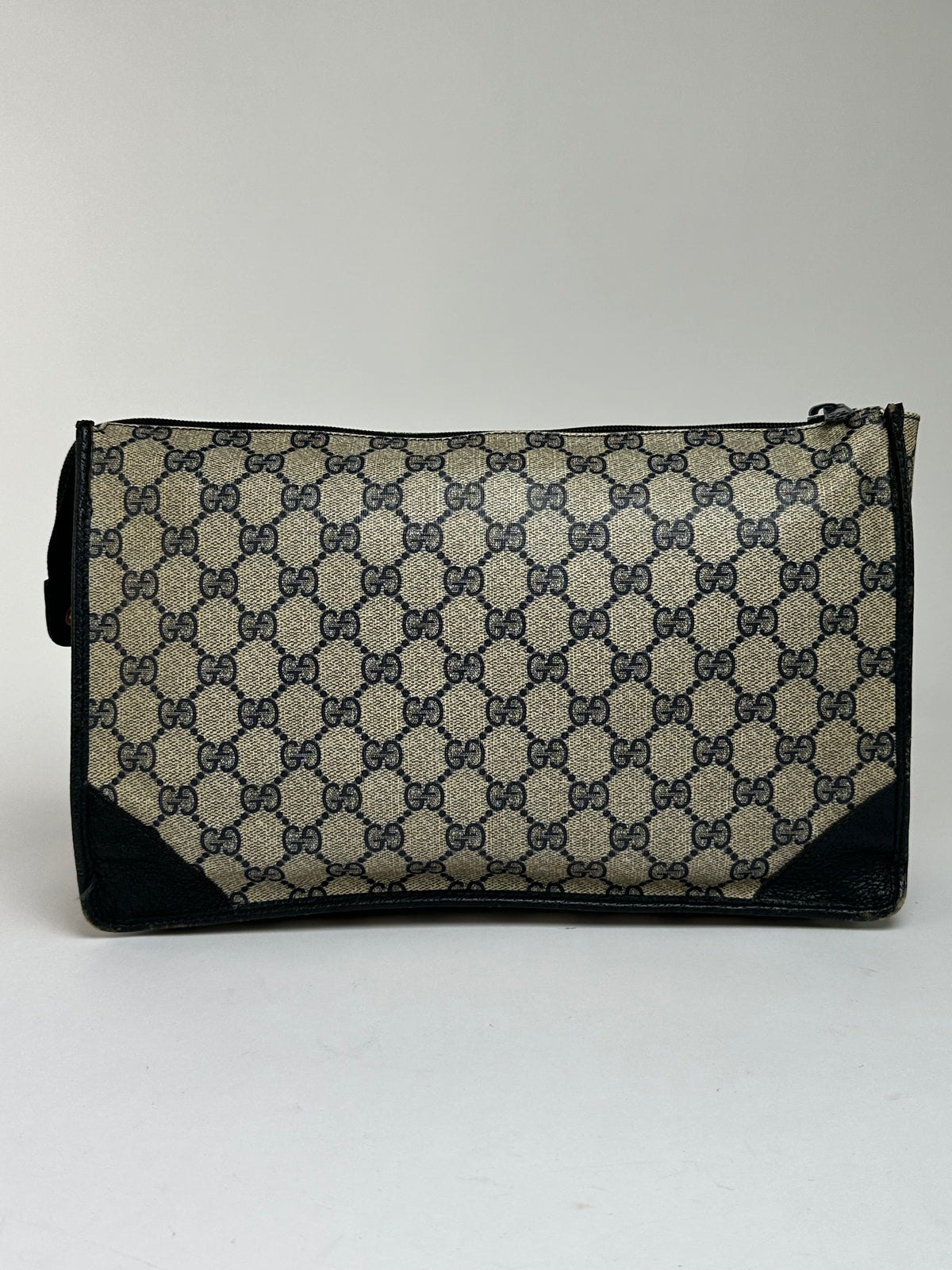 Vintage Gucci GG Plus Flap Clutch Bag c. Late 1970s Beige Navy