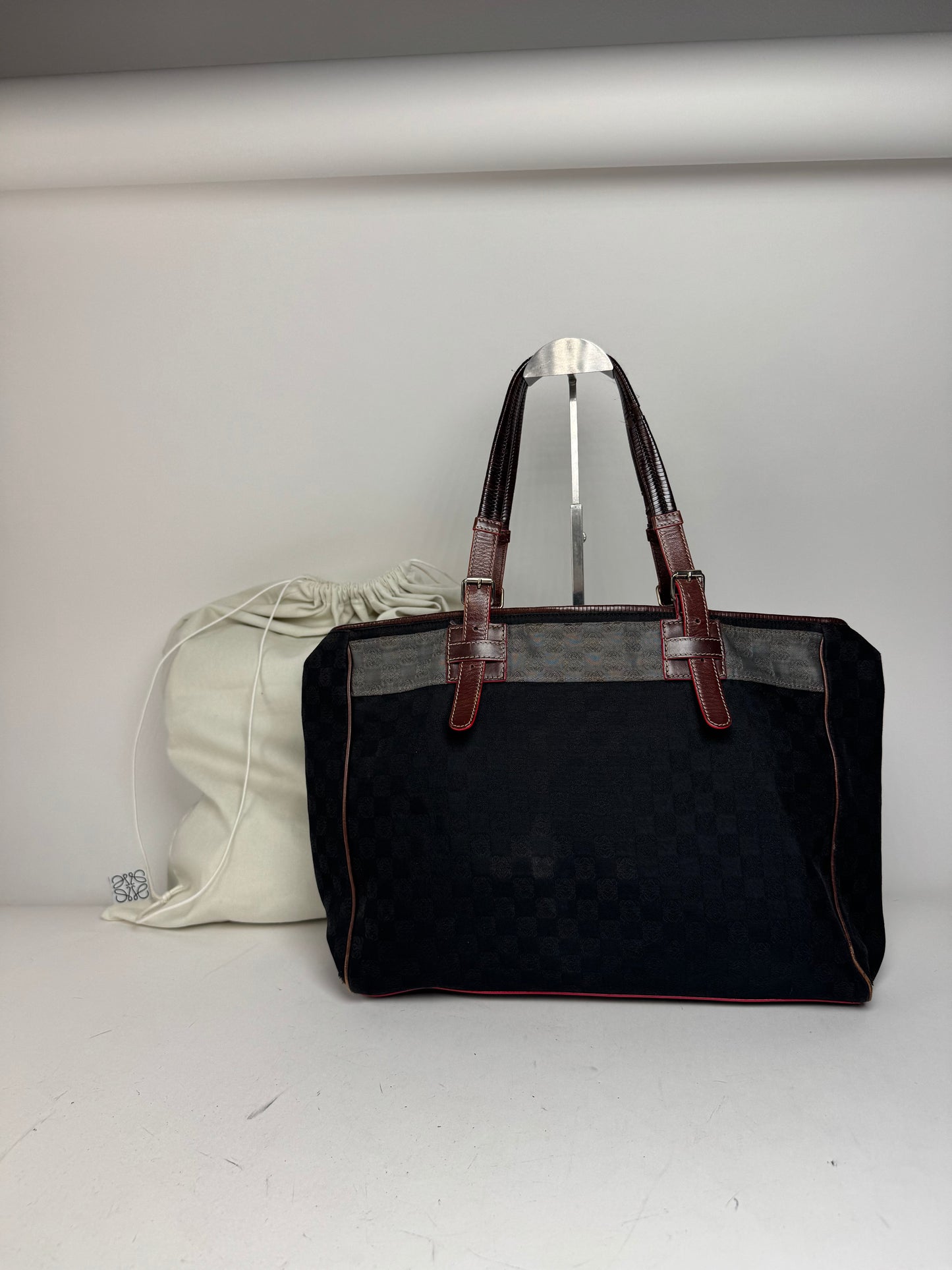 Vintage Loewe Monogram Tote Bag Black Brown