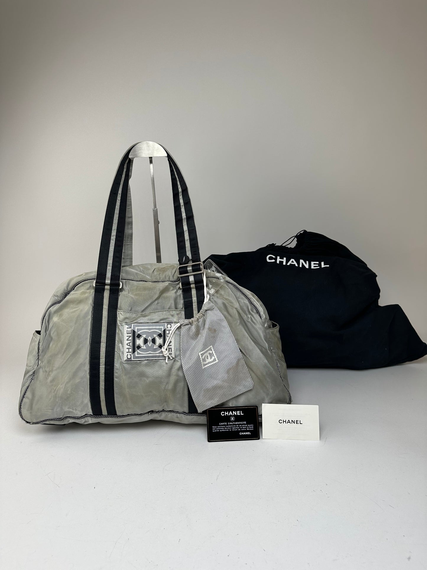 Vintage Chanel Polyester Duffel Bag Silver Black