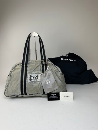 Vintage Chanel Polyester Duffel Bag Silver Black