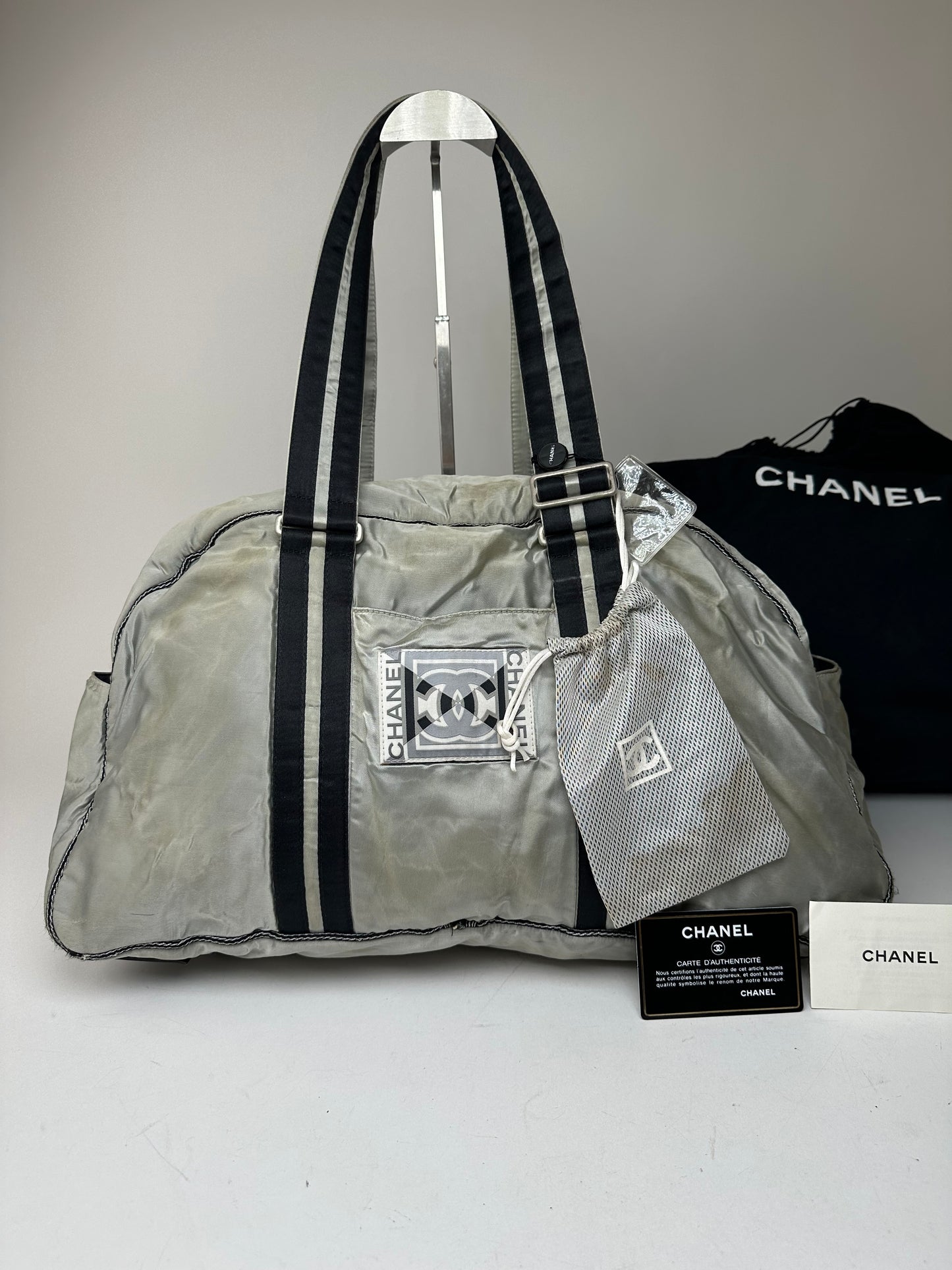 Vintage Chanel Polyester Duffel Bag Silver Black
