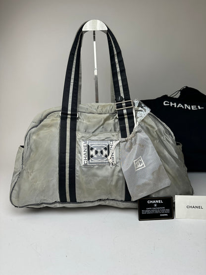 Vintage Chanel Polyester Duffel Bag Silver Black