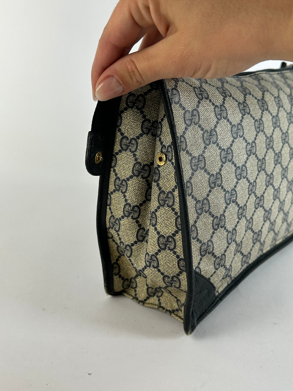 Vintage Gucci GG Plus Flap Clutch Bag c. Late 1970s Beige Navy