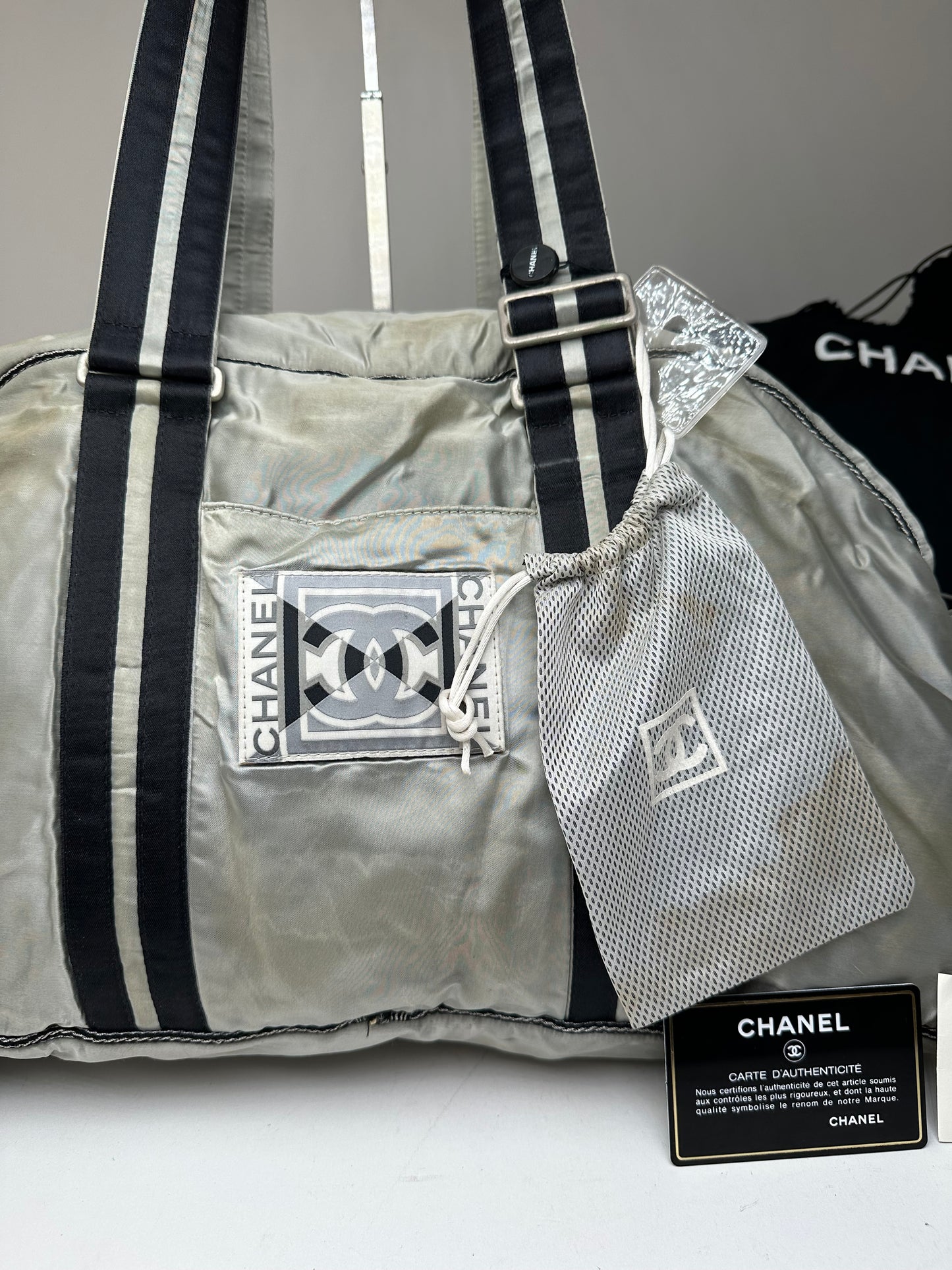 Vintage Chanel Polyester Duffel Bag Silver Black