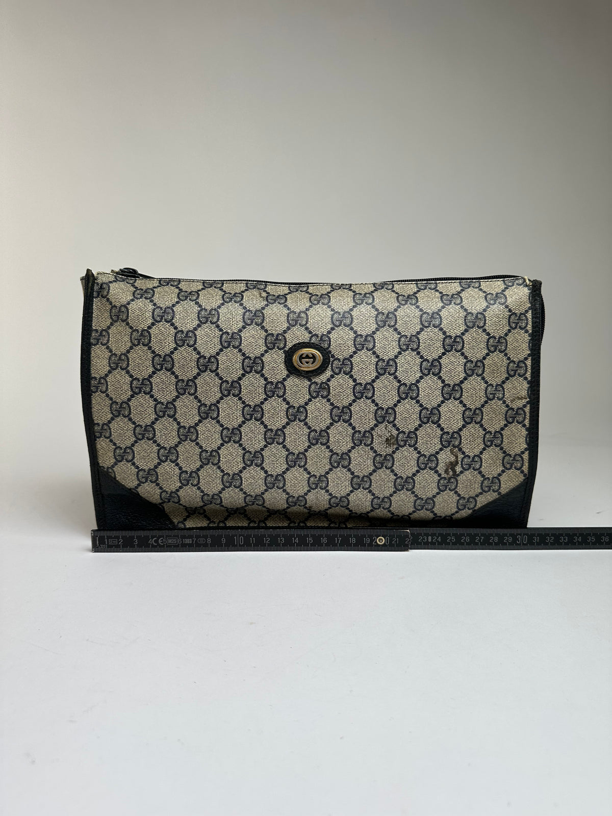 Vintage Gucci GG Plus Flap Clutch Bag c. Late 1970s Beige Navy