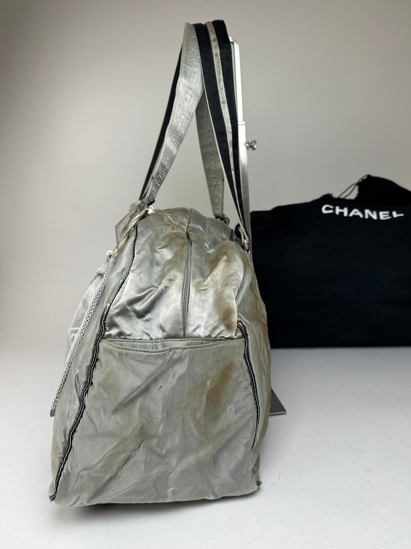 Vintage Chanel Polyester Duffel Bag Silver Black