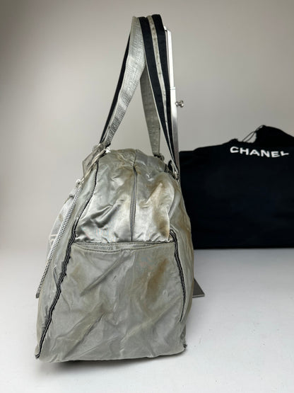 Vintage Chanel Polyester Duffel Bag Silver Black
