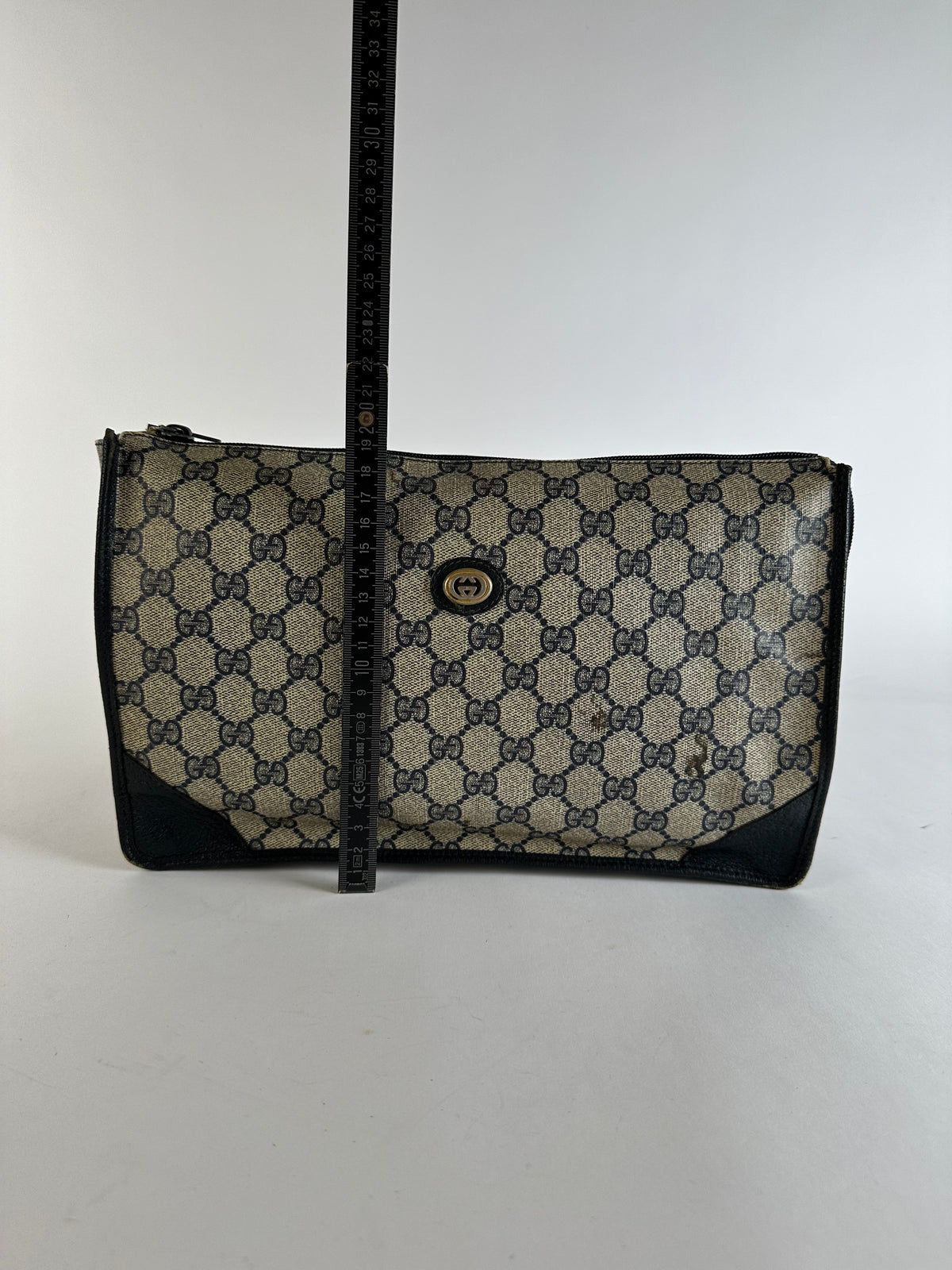 Vintage Gucci GG Plus Flap Clutch Bag c. Late 1970s Beige Navy