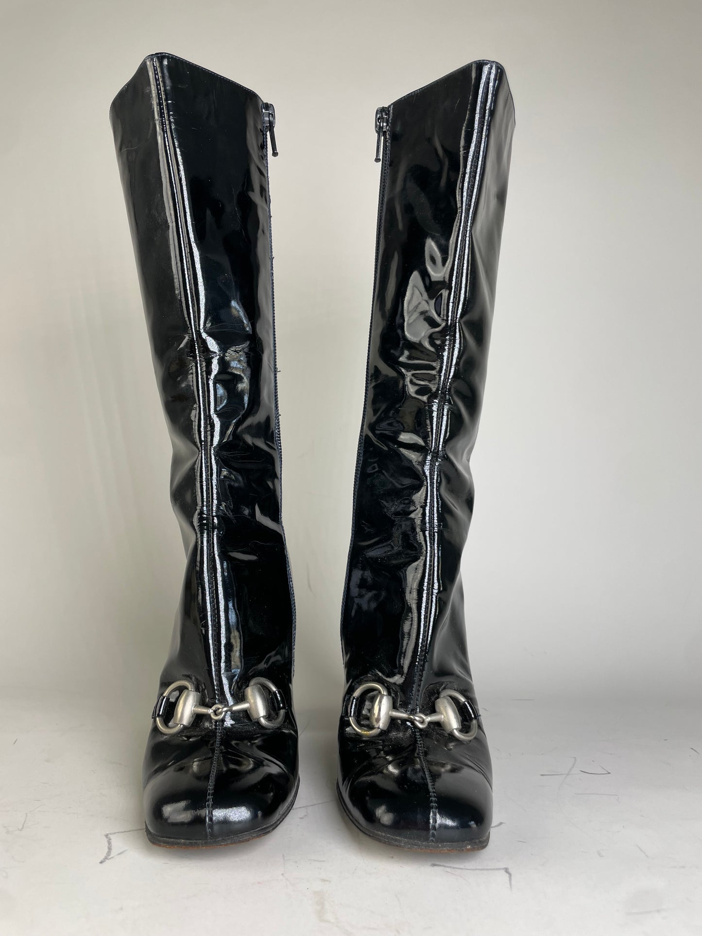 Vintage Gucci Patent Knee-High Boots Black Silver EU5
