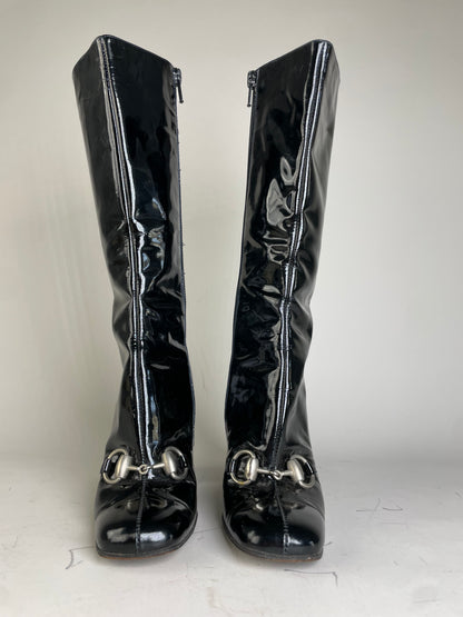 Vintage Gucci Patent Knee-High Boots Black Silver EU5