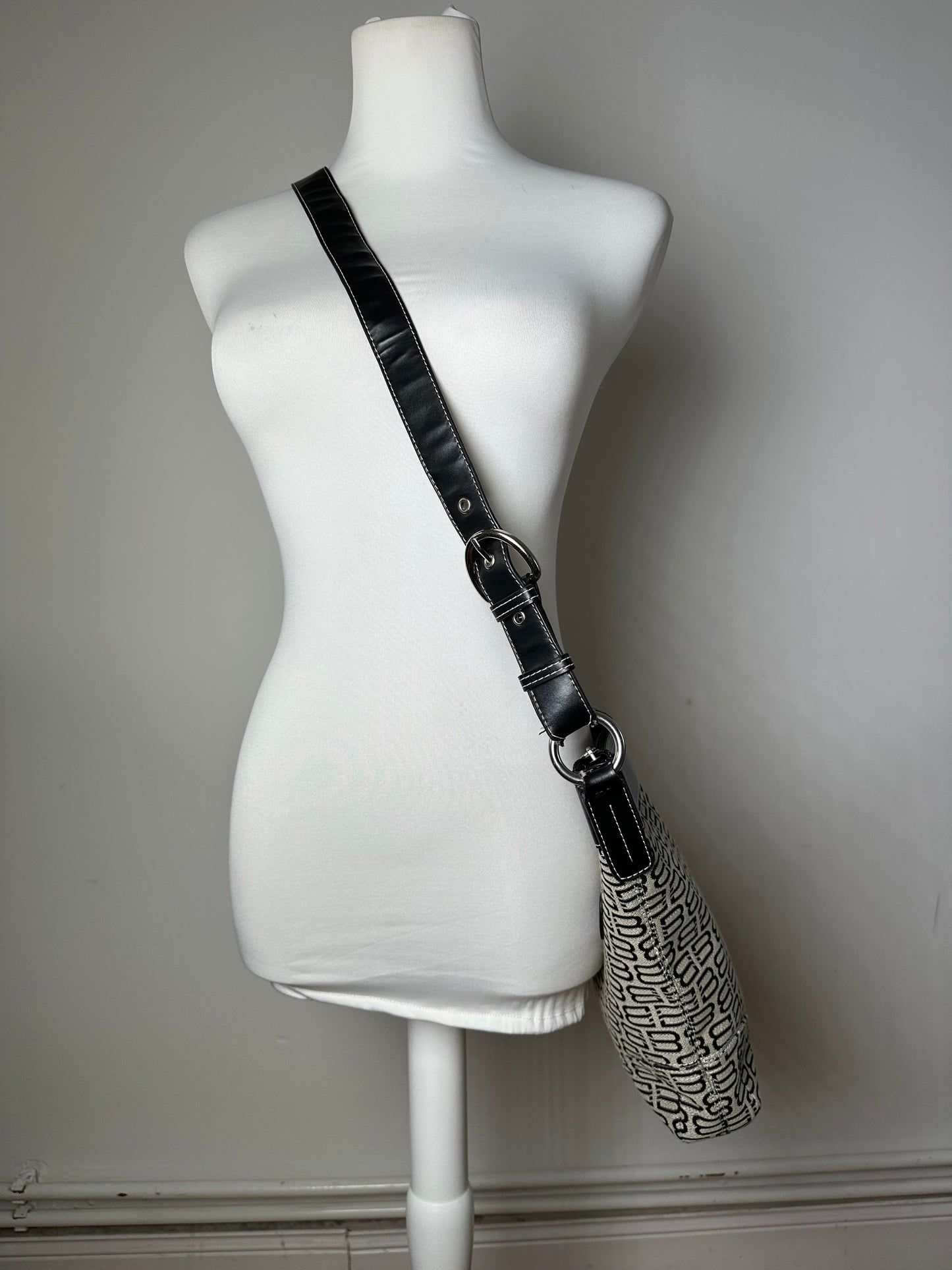 Vintage Balenciaga BB Monogram Canvas Leather Crossbody Bag Beige Black