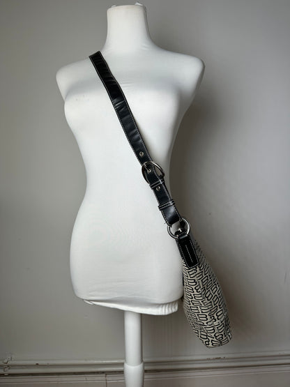 Vintage Balenciaga BB Monogram Canvas Leather Crossbody Bag Beige Black