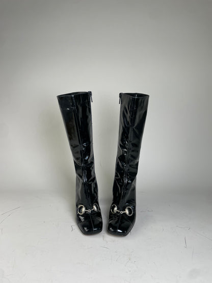 Vintage Gucci Patent Knee-High Boots Black Silver EU5