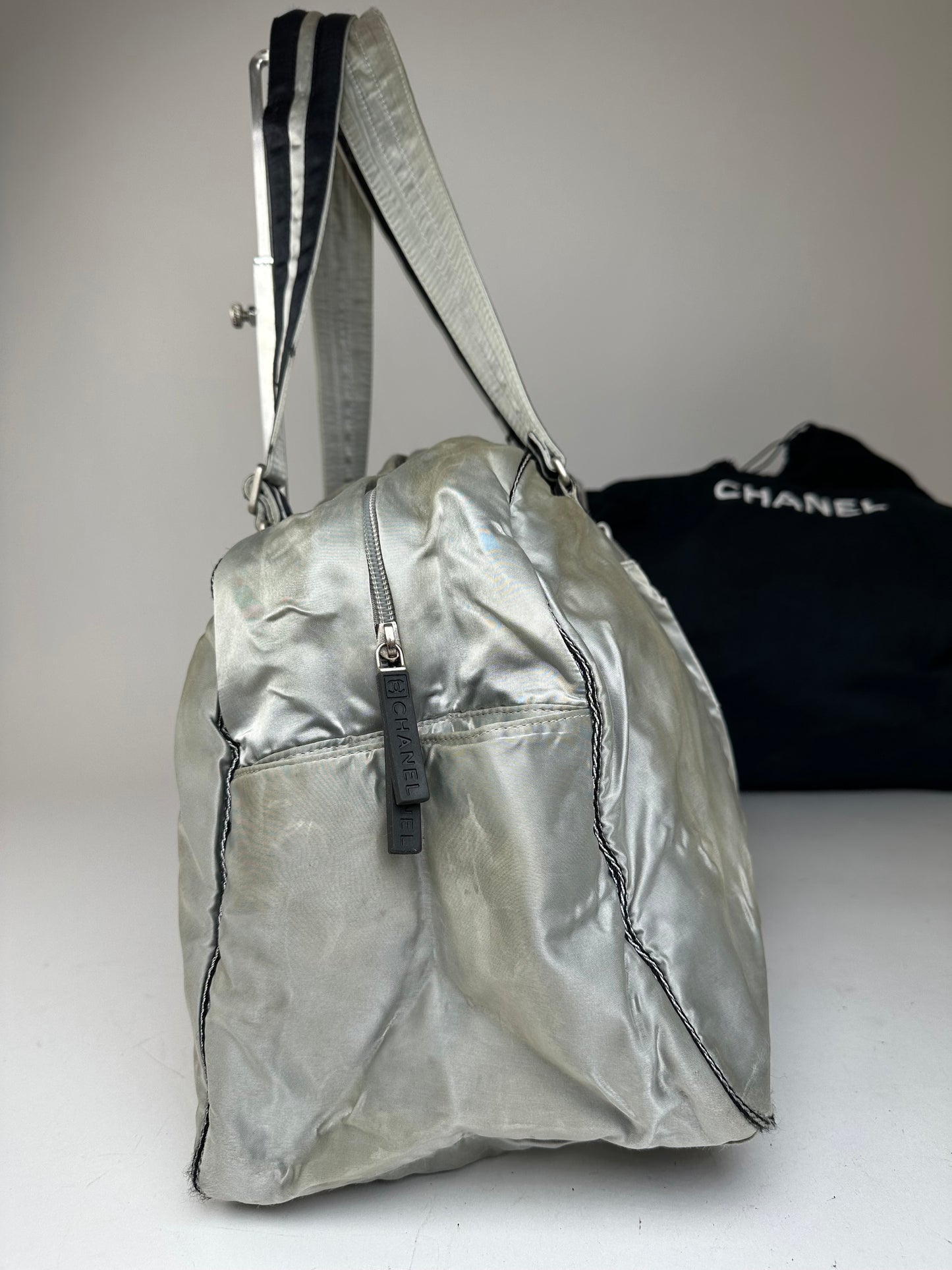 Vintage Chanel Polyester Duffel Bag Silver Black