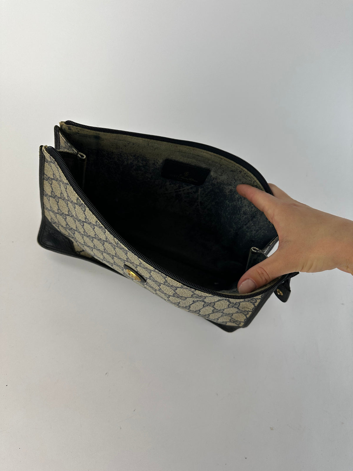 Vintage Gucci GG Plus Flap Clutch Bag c. Late 1970s Beige Navy