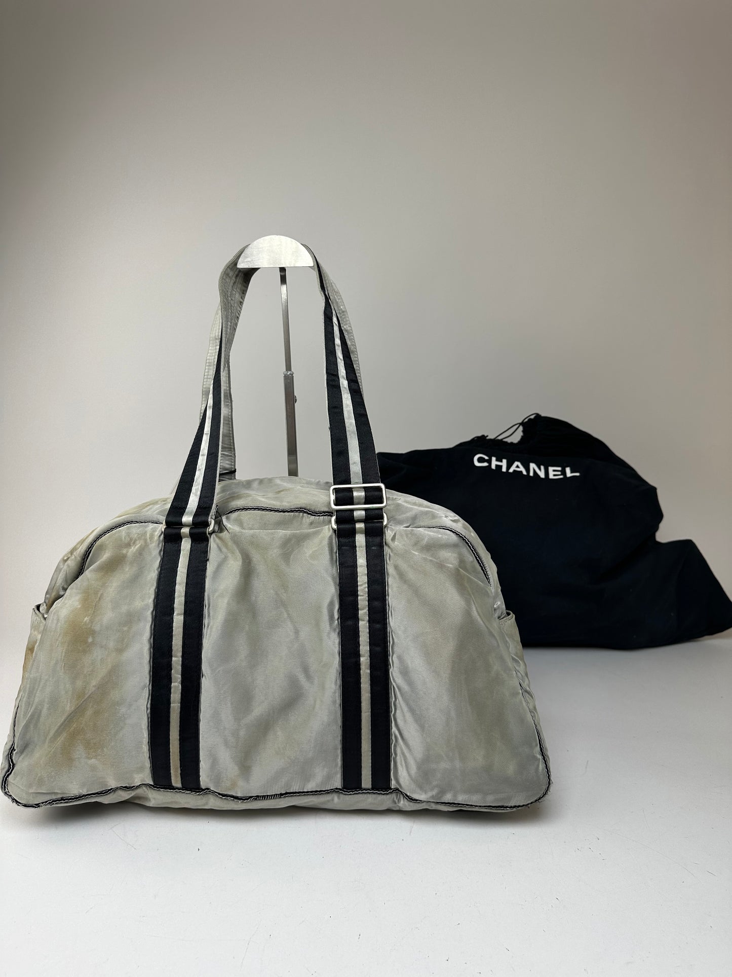 Vintage Chanel Polyester Duffel Bag Silver Black