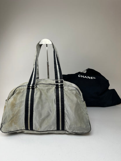 Vintage Chanel Polyester Duffel Bag Silver Black