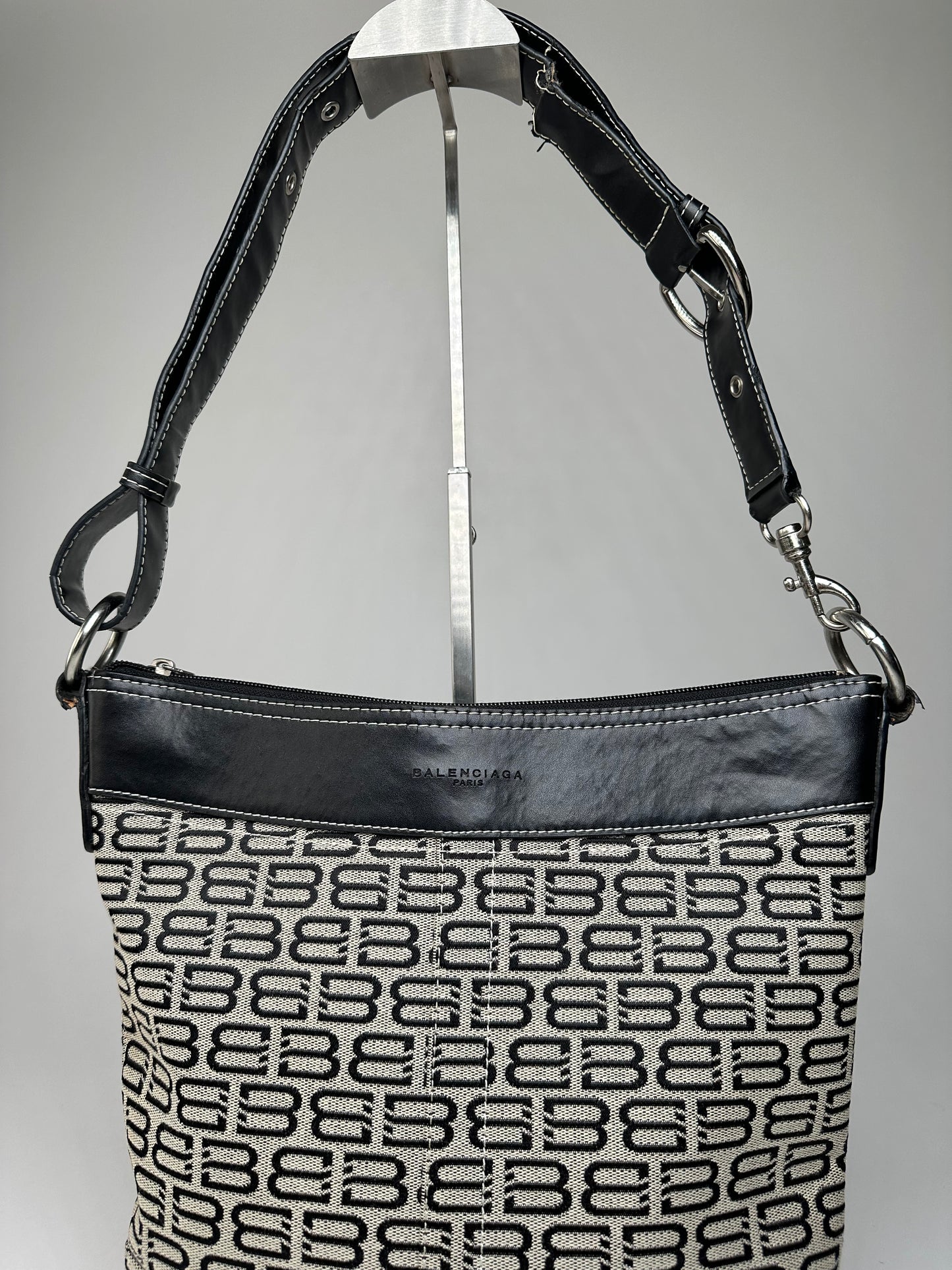 Vintage Balenciaga BB Monogram Canvas Leather Crossbody Bag Beige Black