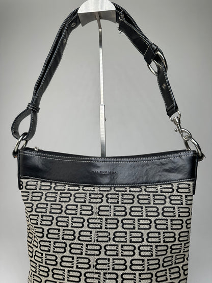 Vintage Balenciaga BB Monogram Canvas Leather Crossbody Bag Beige Black