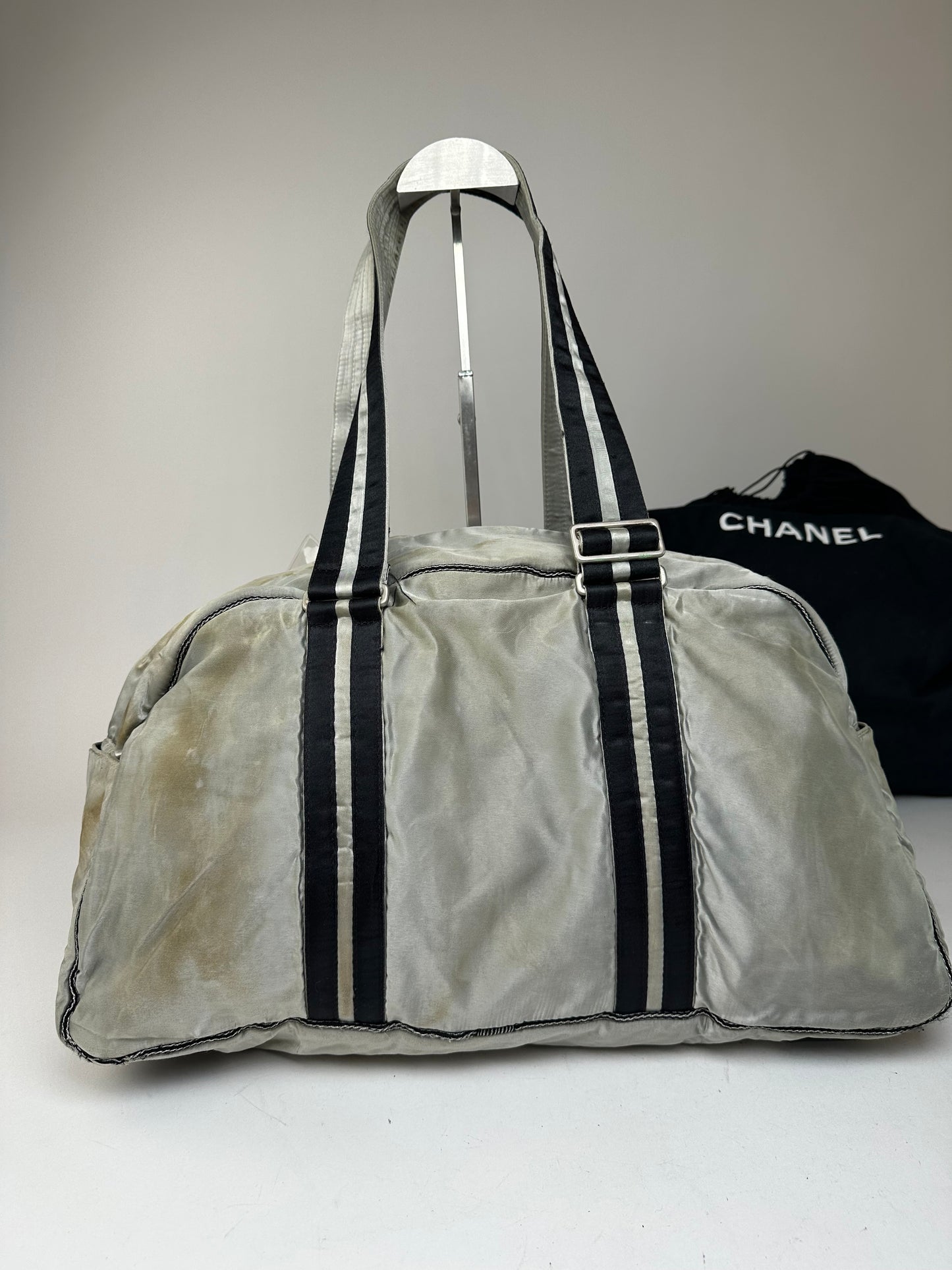 Vintage Chanel Polyester Duffel Bag Silver Black
