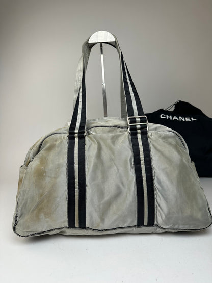 Vintage Chanel Polyester Duffel Bag Silver Black