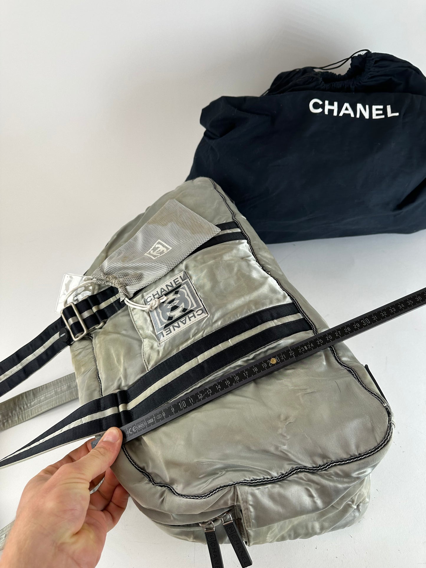 Vintage Chanel Polyester Duffel Bag Silver Black