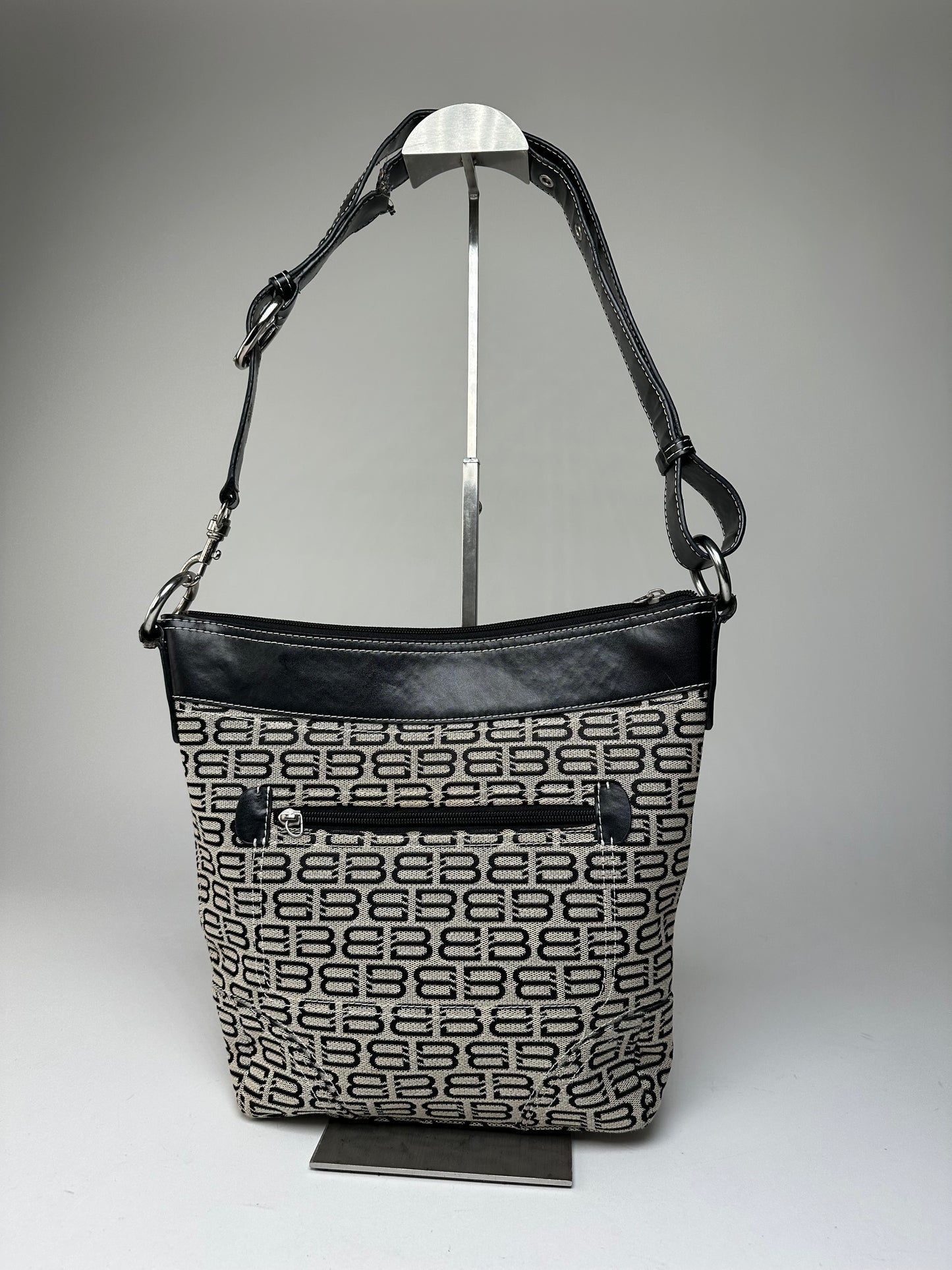 Vintage Balenciaga BB Monogram Canvas Leather Crossbody Bag Beige Black