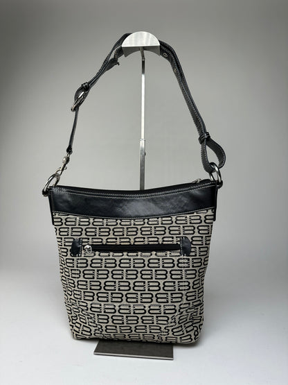 Vintage Balenciaga BB Monogram Canvas Leather Crossbody Bag Beige Black