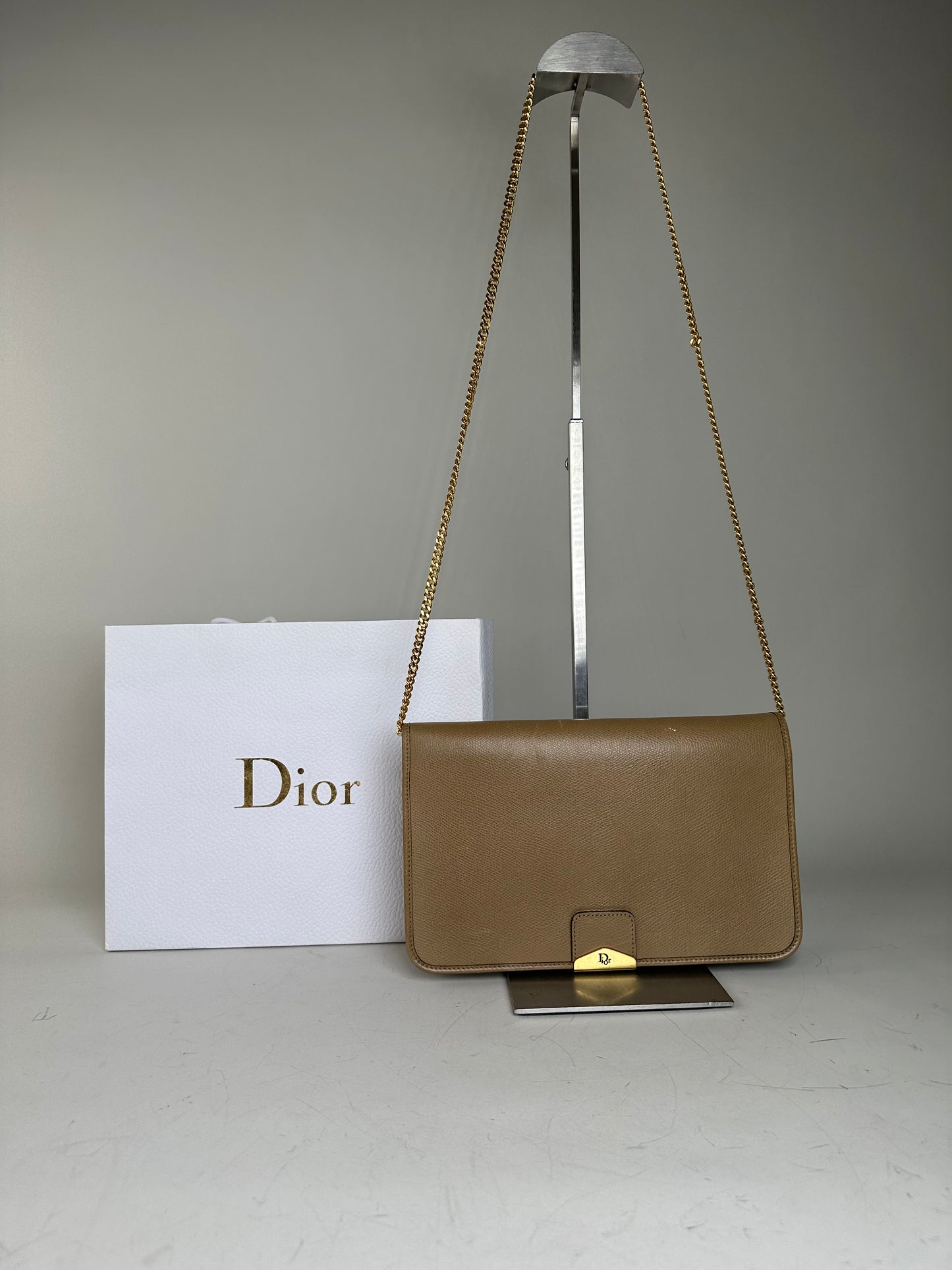 Vintage Dior Leather Shoulder Bag Beige Gold-tone Clasp