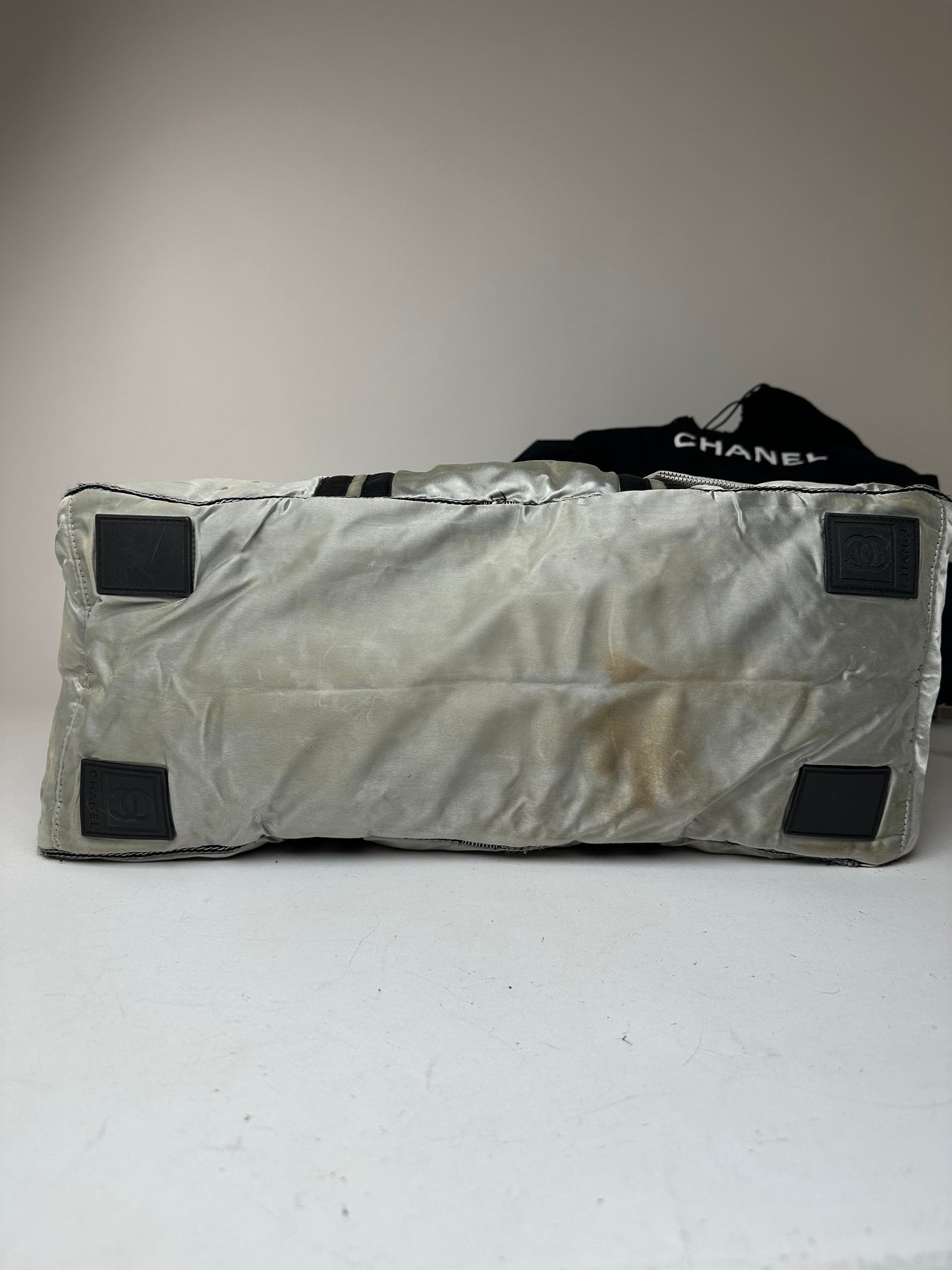 Vintage Chanel Polyester Duffel Bag Silver Black