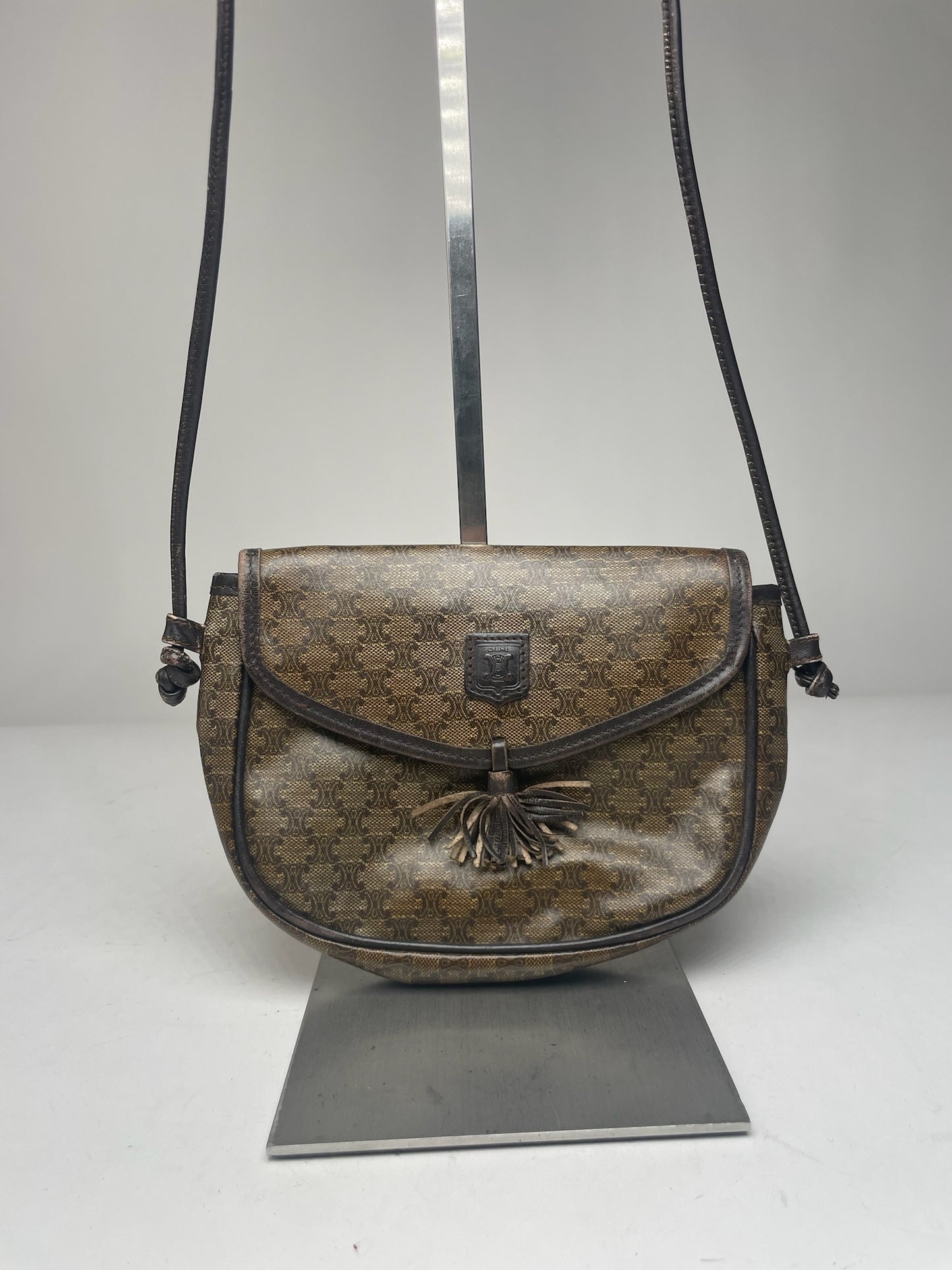 Vintage Celine Triomphe Crossbody leather Bag brown Green
