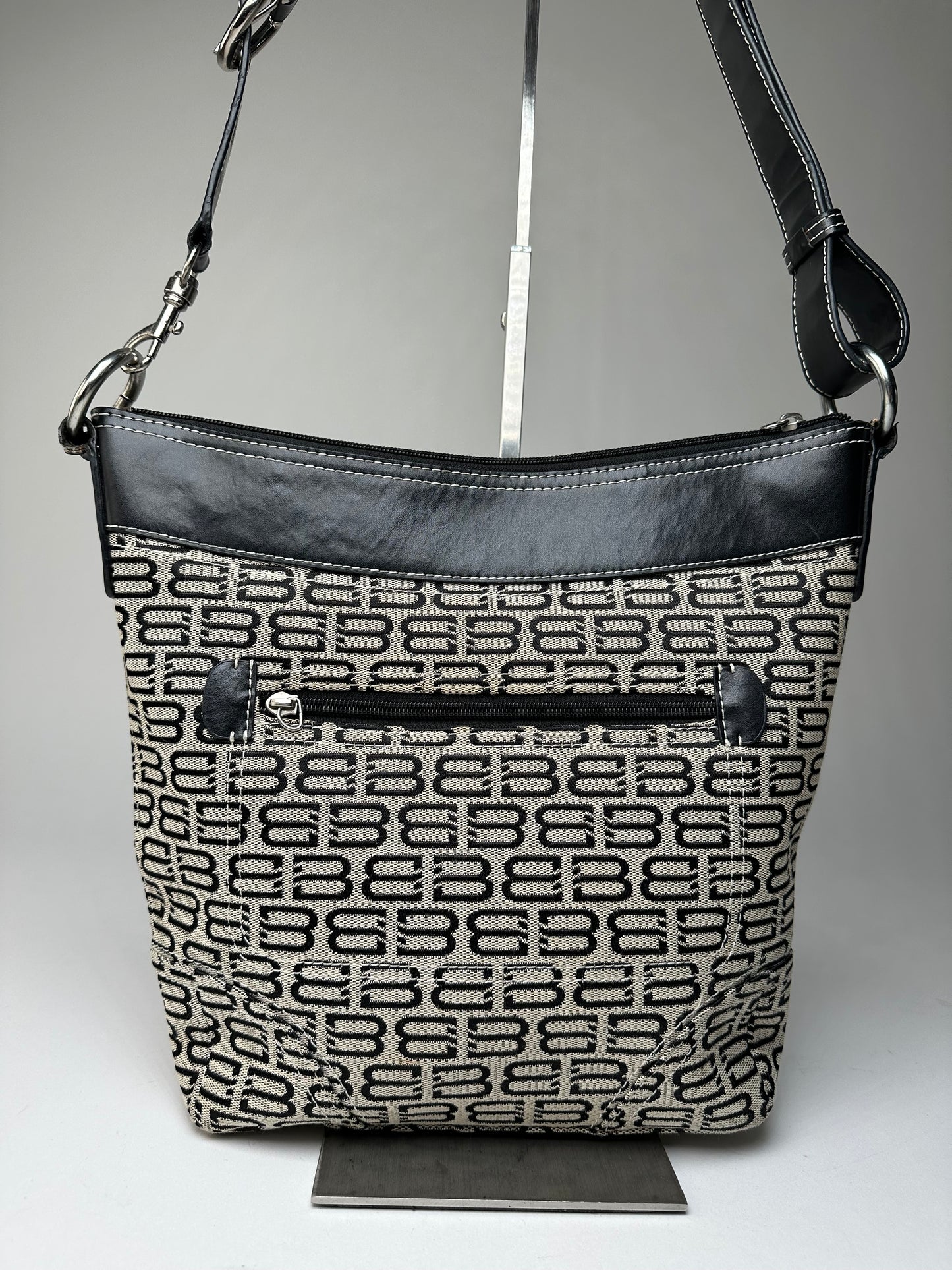 Vintage Balenciaga BB Monogram Canvas Leather Crossbody Bag Beige Black