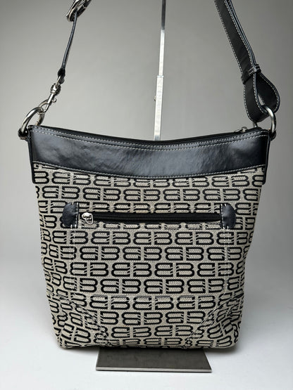 Vintage Balenciaga BB Monogram Canvas Leather Crossbody Bag Beige Black