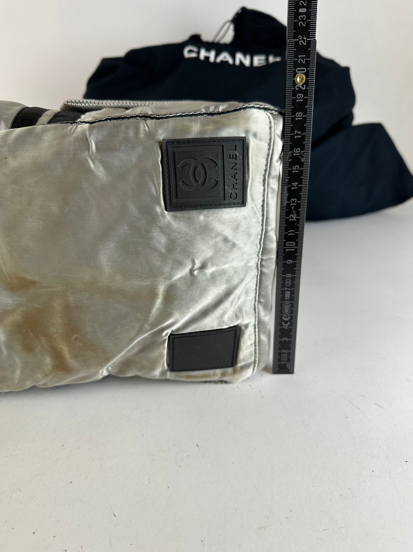 Vintage Chanel Polyester Duffel Bag Silver Black